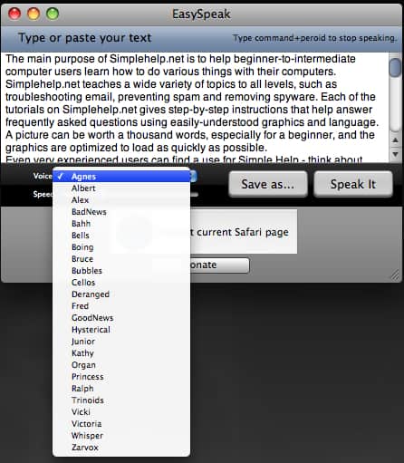 main easyspeak window displaying the voice dropdown