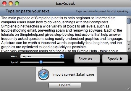 main easyspeak window with text