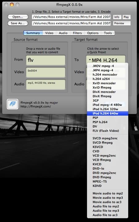 ffmpegX convertir la vidéo pour l'iPod touch