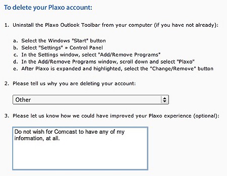 delete your plaxo account link