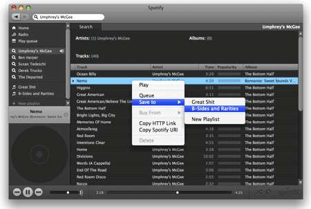 spotify opzioni di riproduzione spotify interface right-click a track