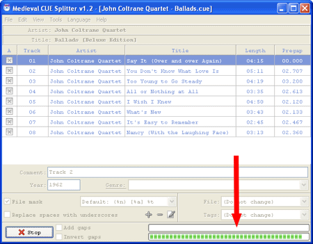 Medieval Cue Splitter cutting a flac file